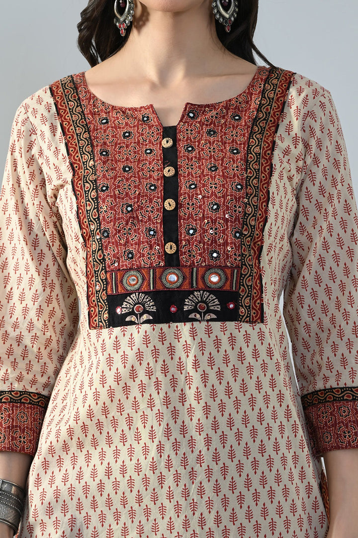 Beige Printed Straight Kurta