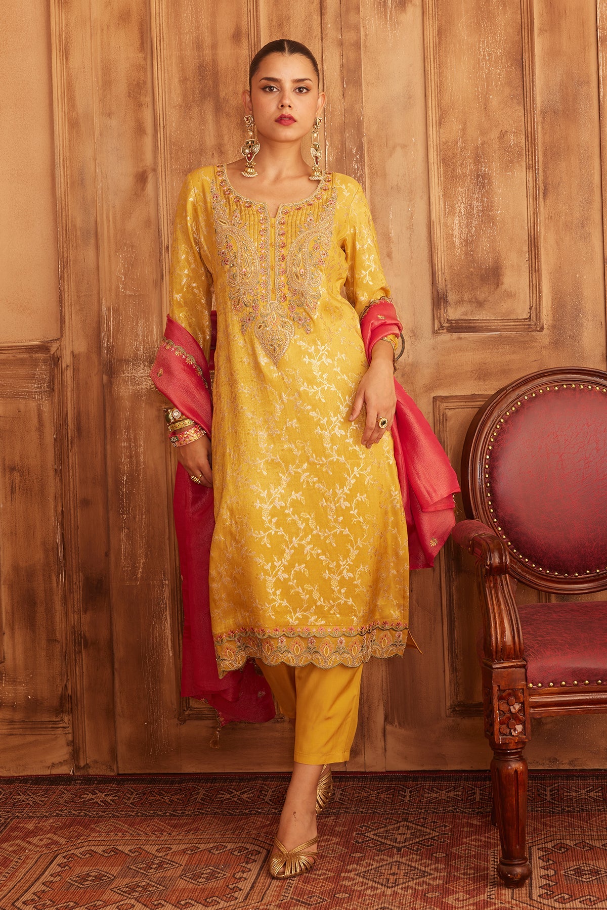 Mustard Embroidered Kurta 3 Pcs Set