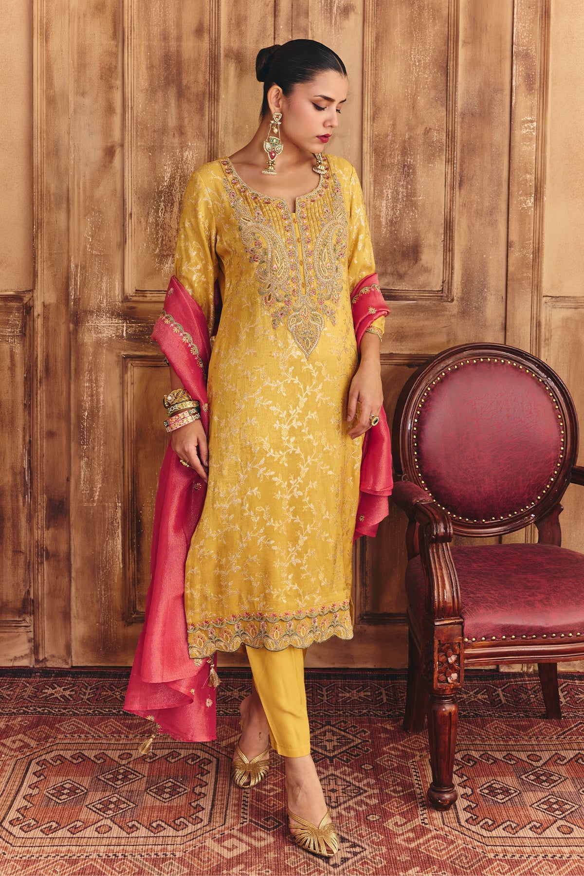Mustard Embroidered Kurta 3 Pcs Set
