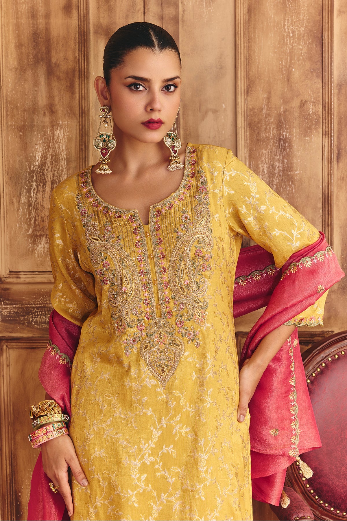 Mustard Embroidered Kurta 3 Pcs Set