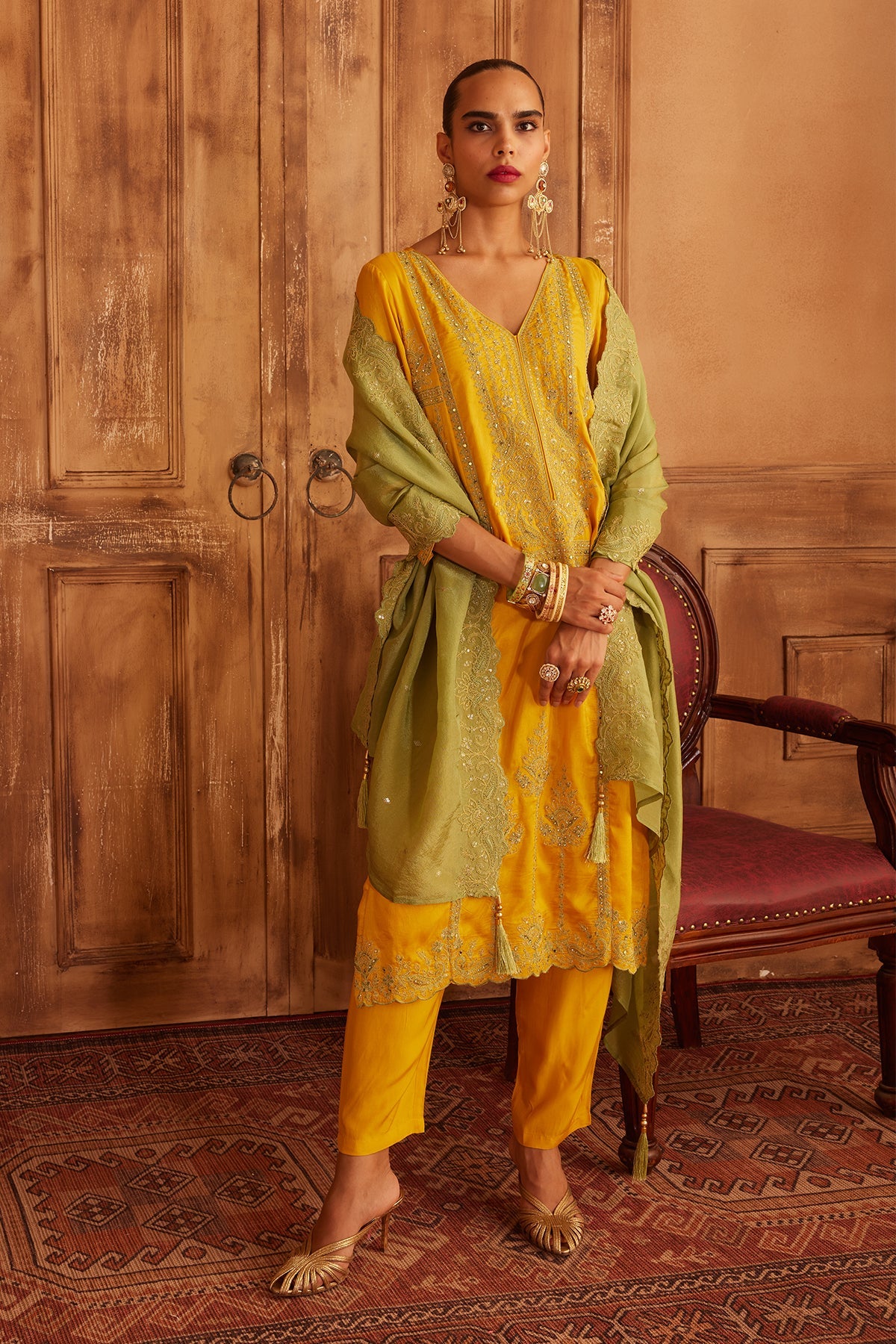Mustard Embroidered Kurta 3 Pcs Set