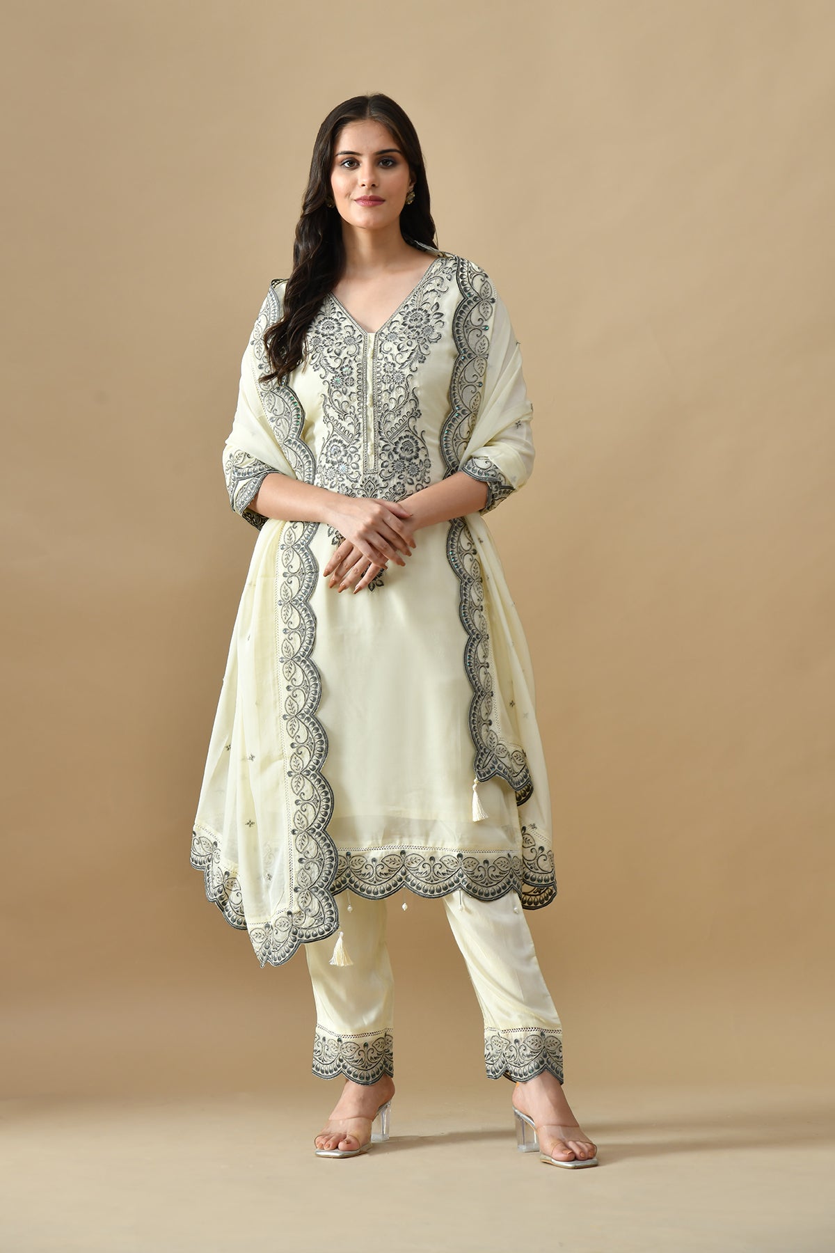 Cream Embroidered Kurta Set