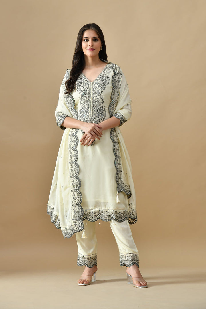 Cream Embroidered Kurta Set