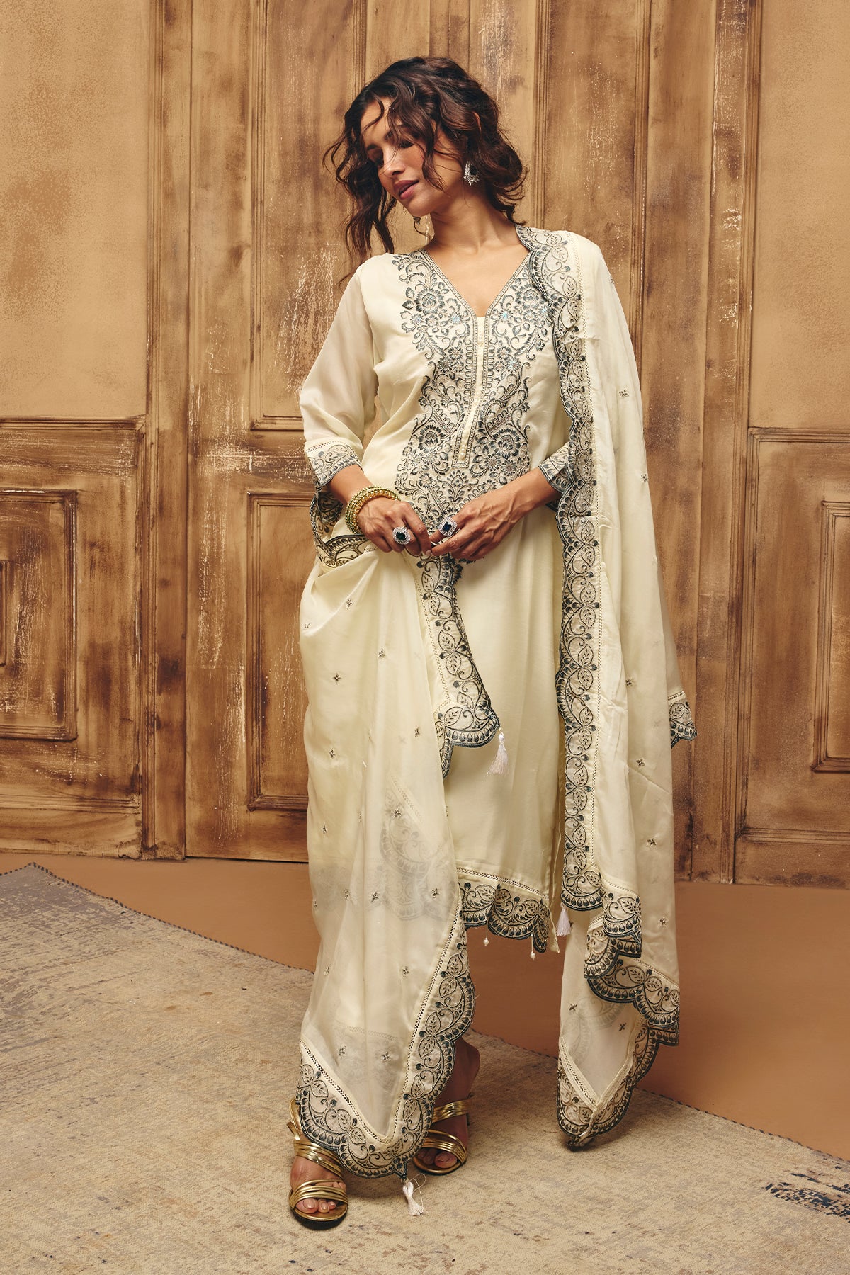 Cream Embroidered Kurta Set