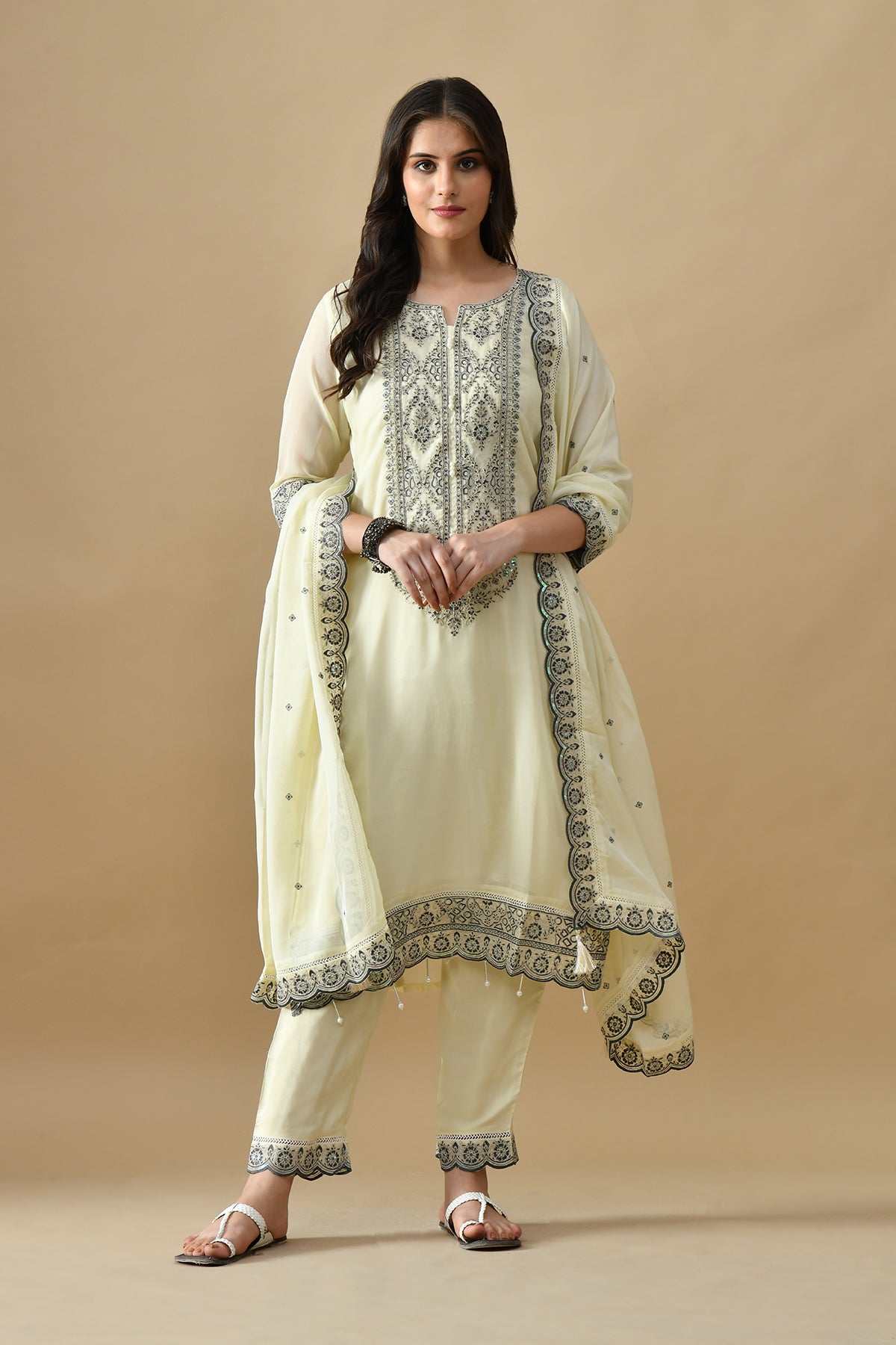 Cream Embroidered Kurta Set