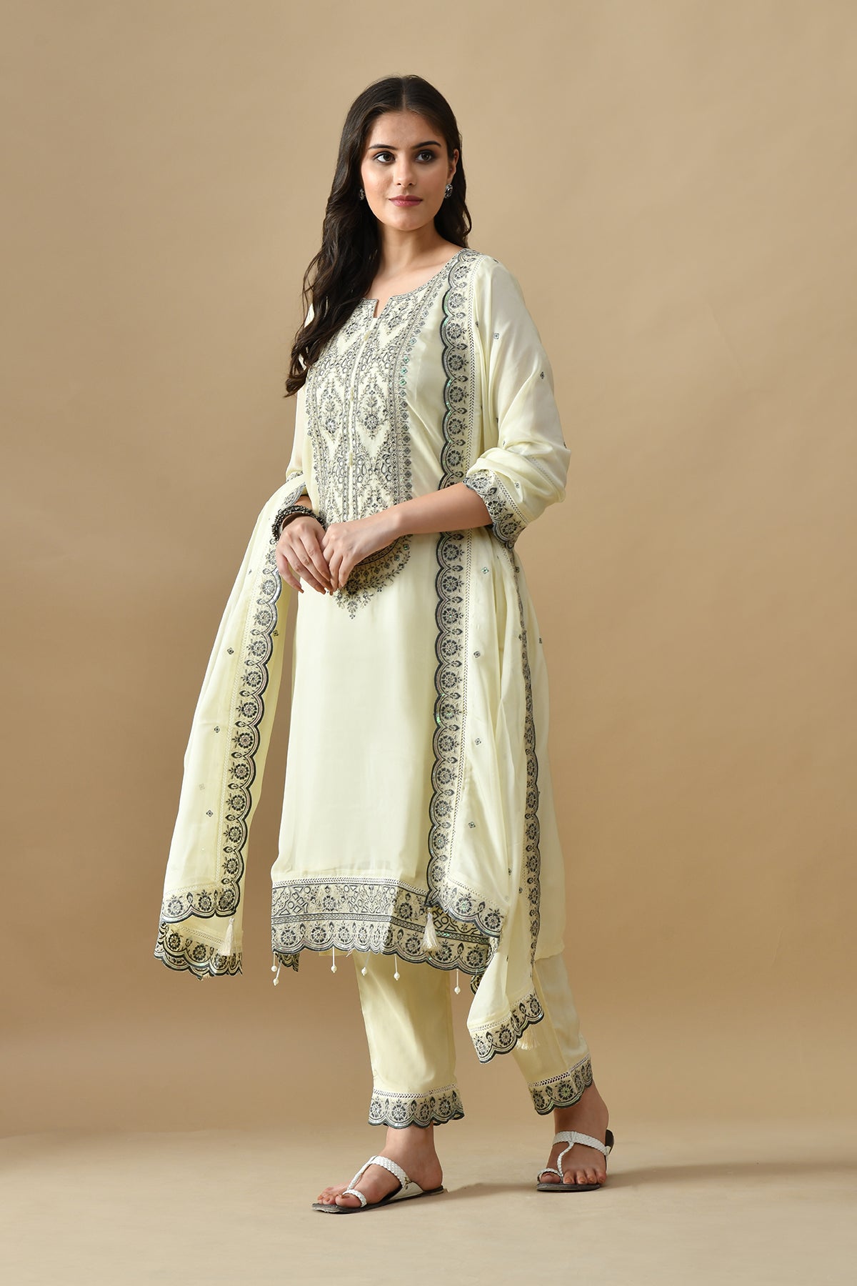 Cream Embroidered Kurta Set