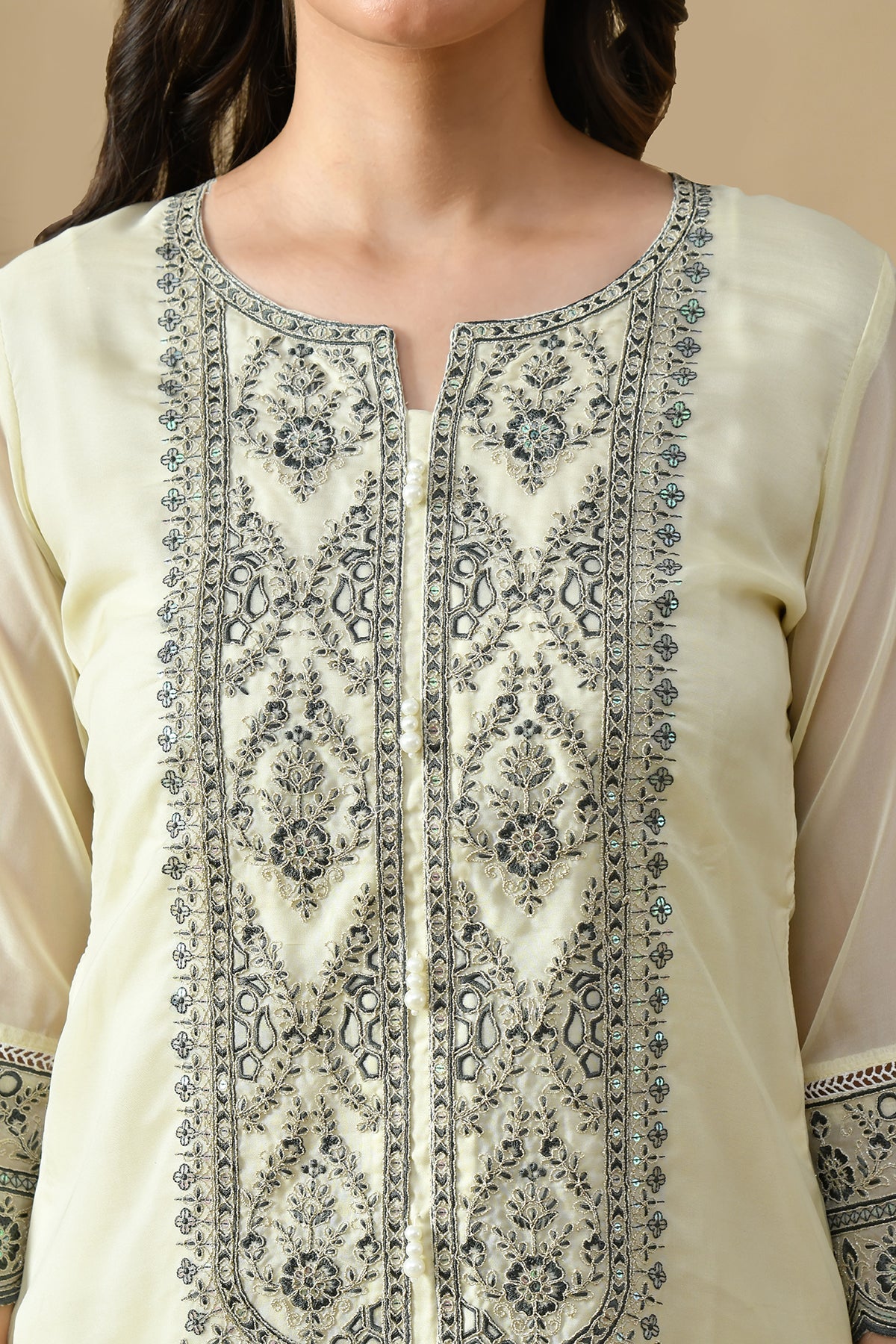 Cream Embroidered Kurta Set