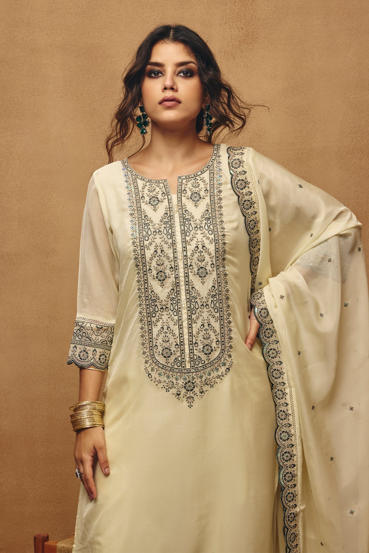 Cream Embroidered Kurta 3 Pcs Set