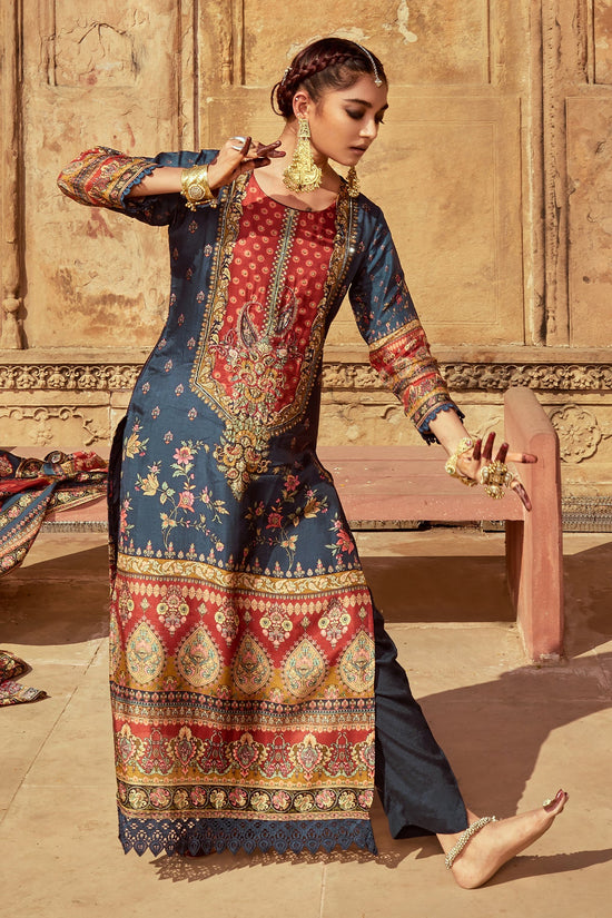Blue Embellished Kurta 3 Pcs Set
