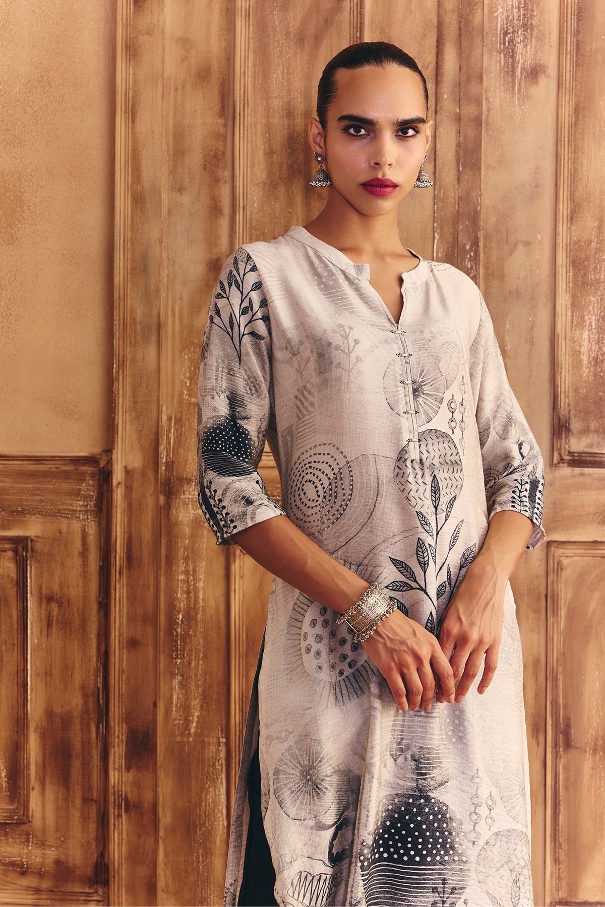 Cream Printed Straight Kurta