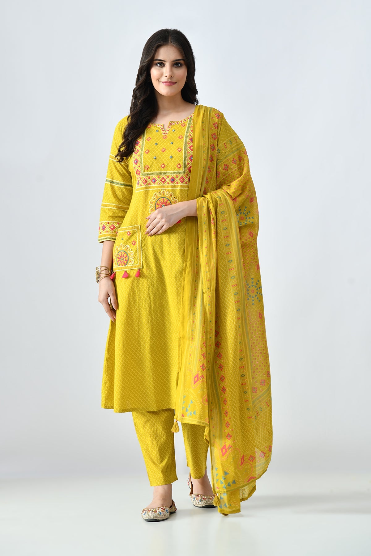 Mustard Embroidered Kurta 3 Pcs Set