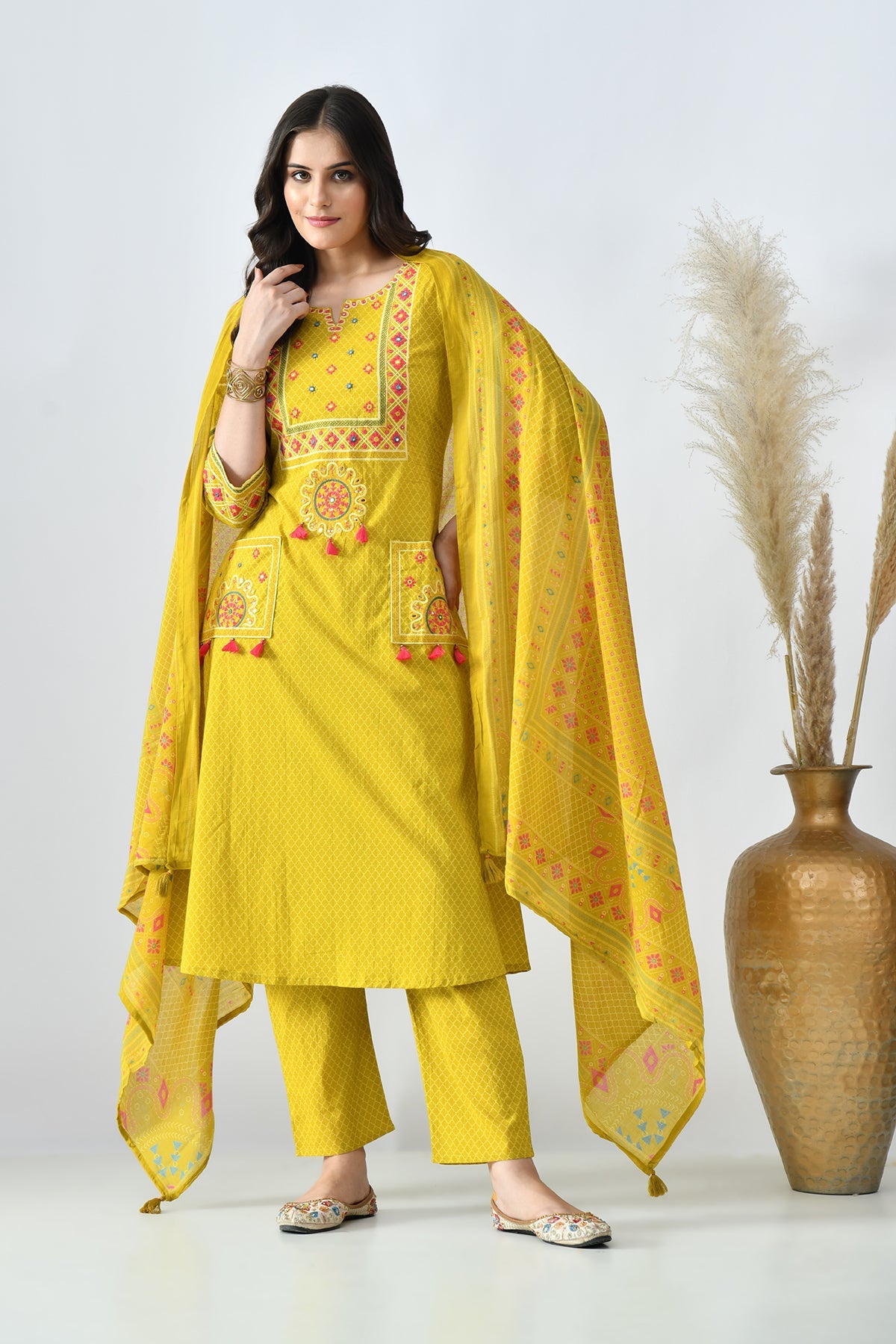 Mustard Embroidered Kurta 3 Pcs Set