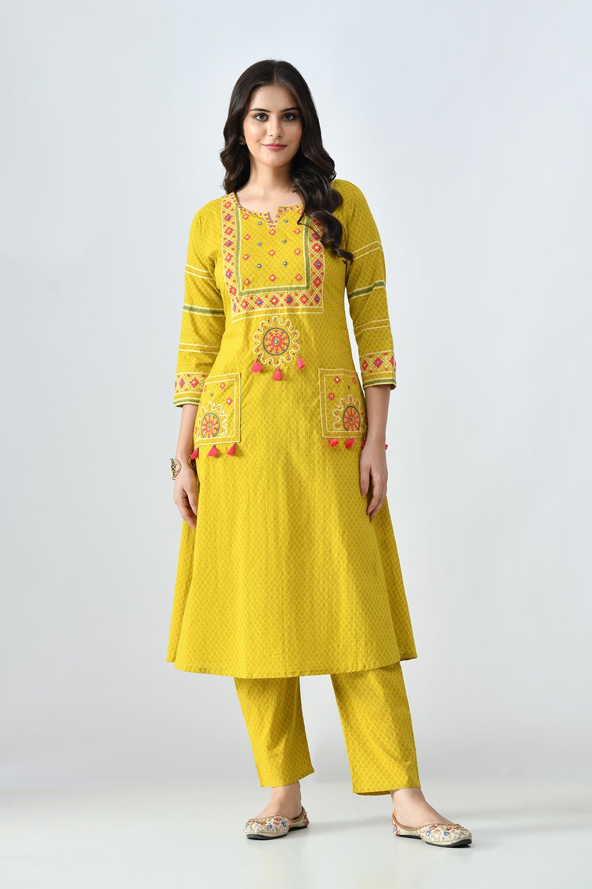 Mustard Embroidered Kurta 3 Pcs Set