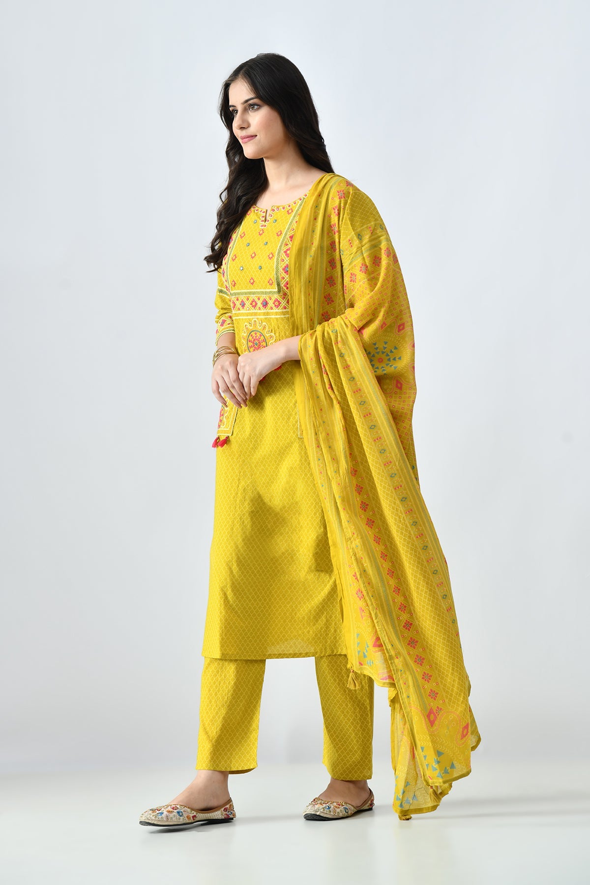 Mustard Embroidered Kurta 3 Pcs Set