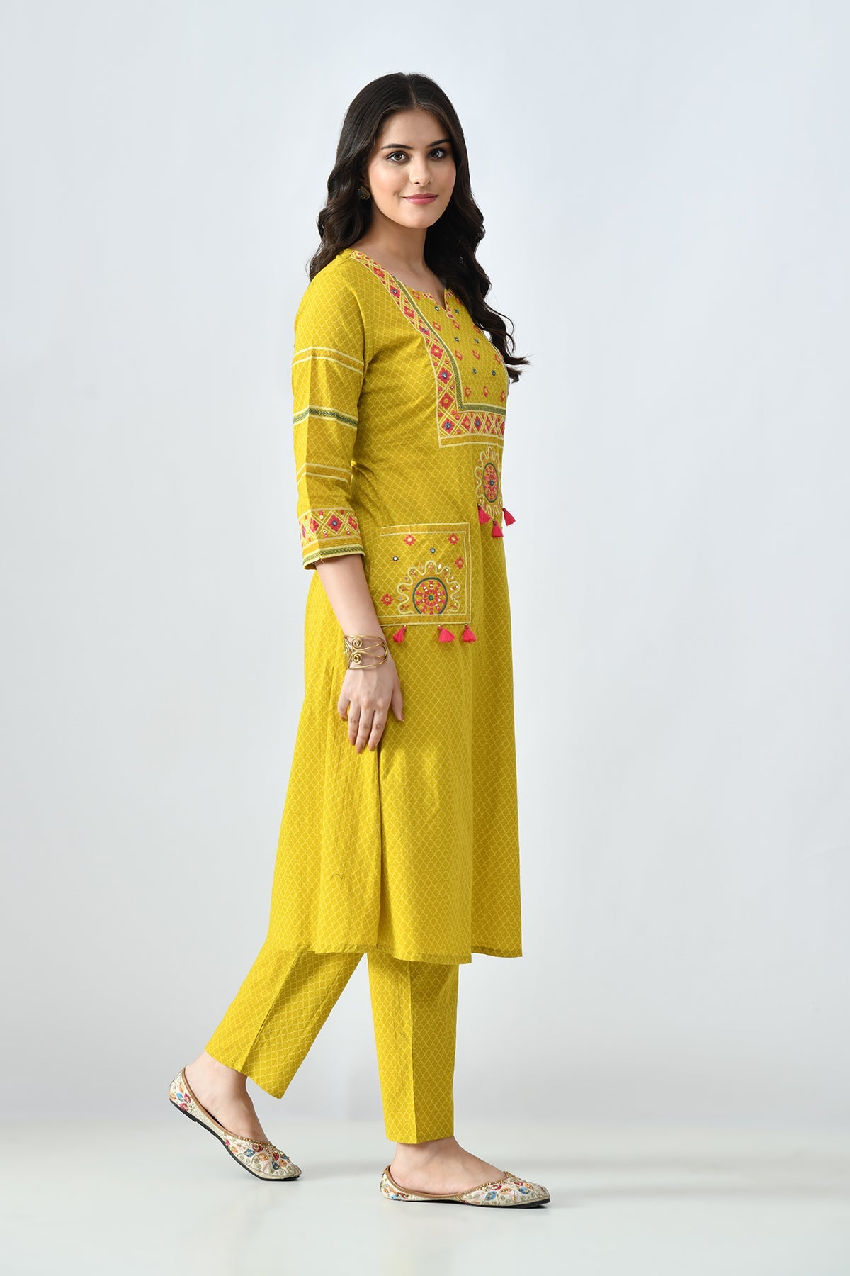 Mustard Embroidered Kurta 3 Pcs Set