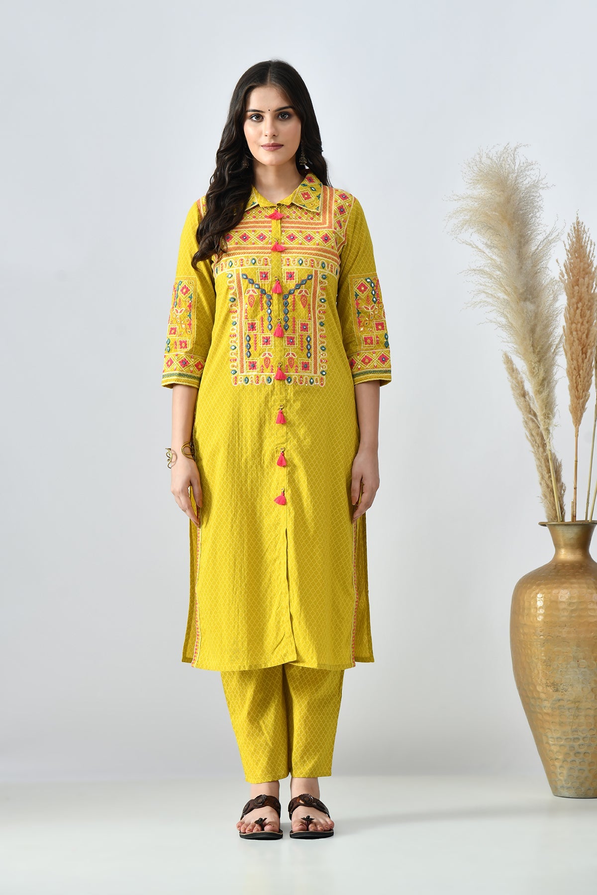 Mustard Embroidered Kurta 2 Pcs Set