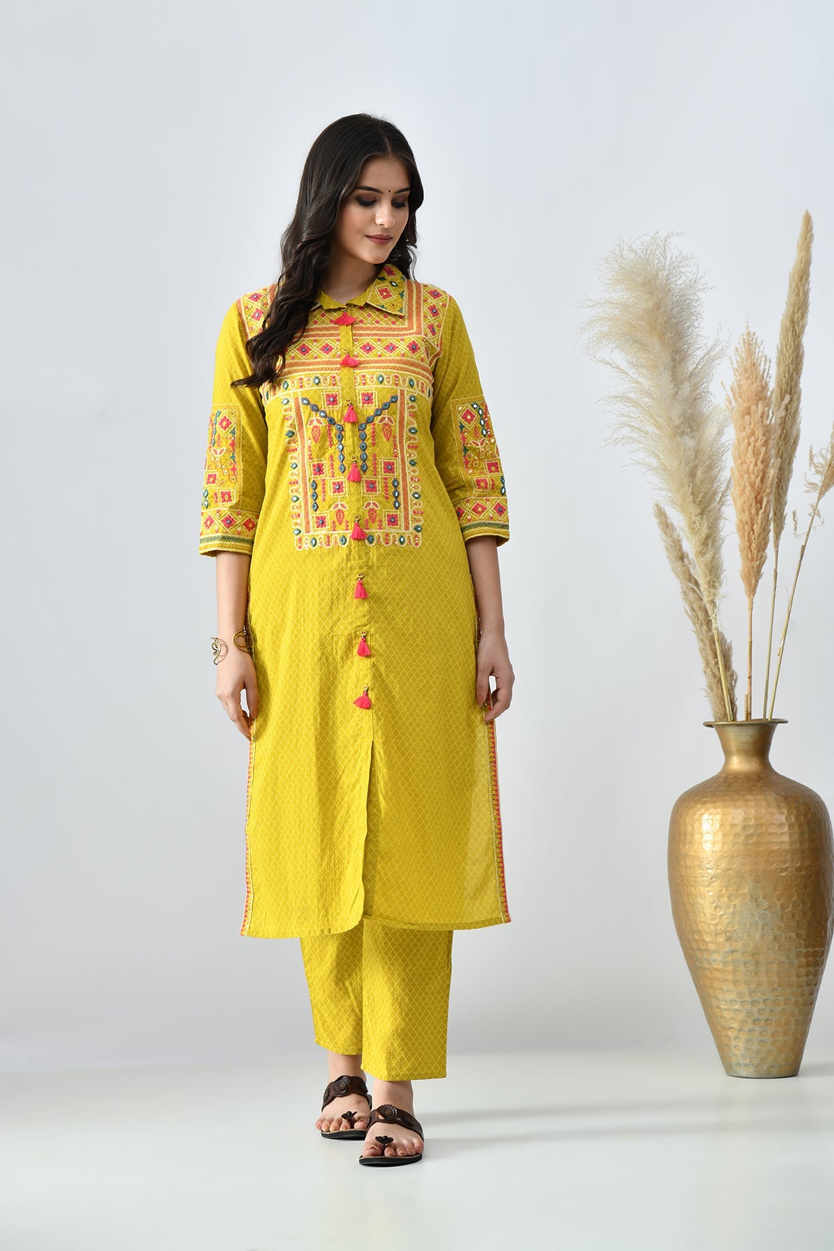 Mustard Embroidered Kurta 2 Pcs Set