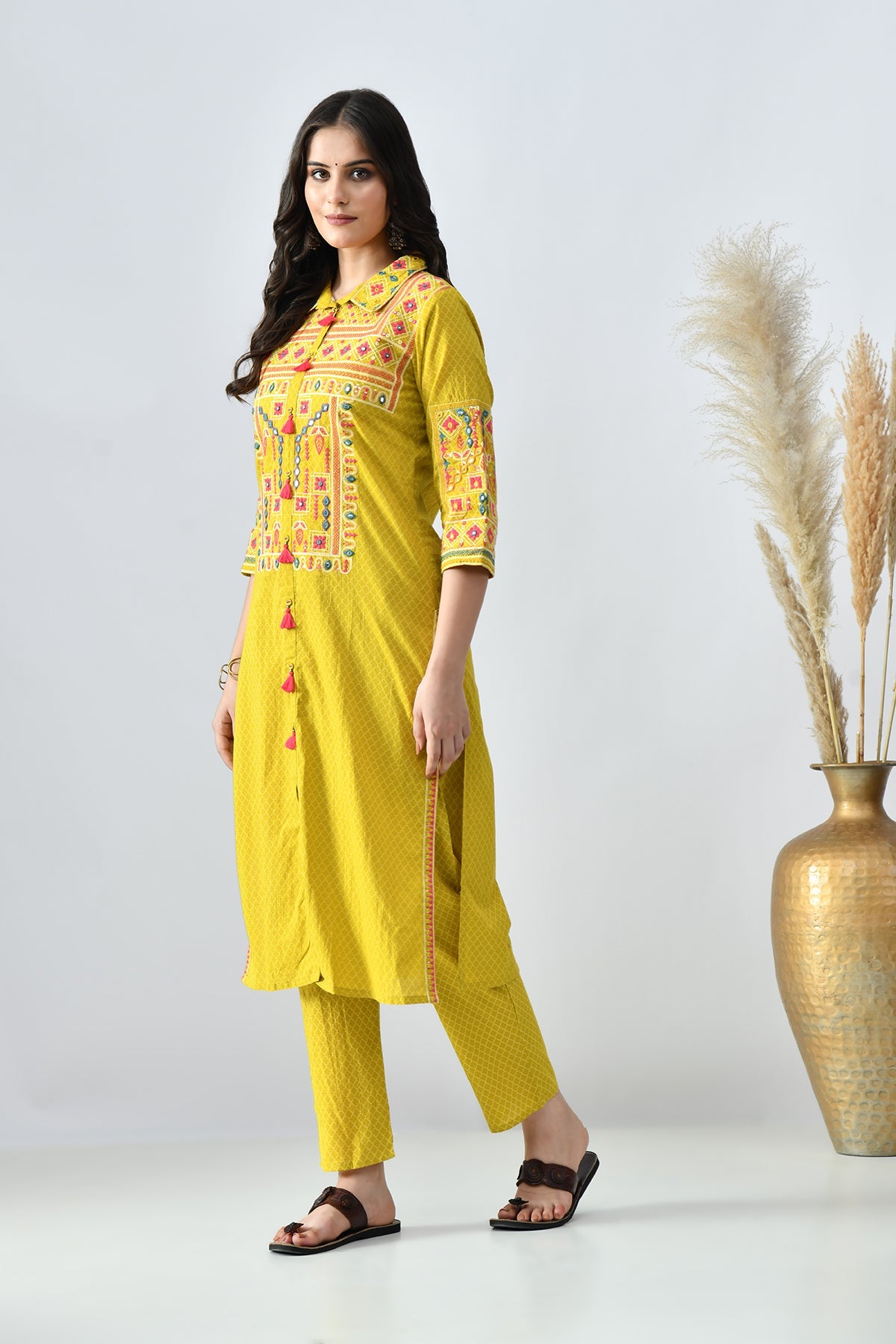 Mustard Embroidered Kurta 2 Pcs Set