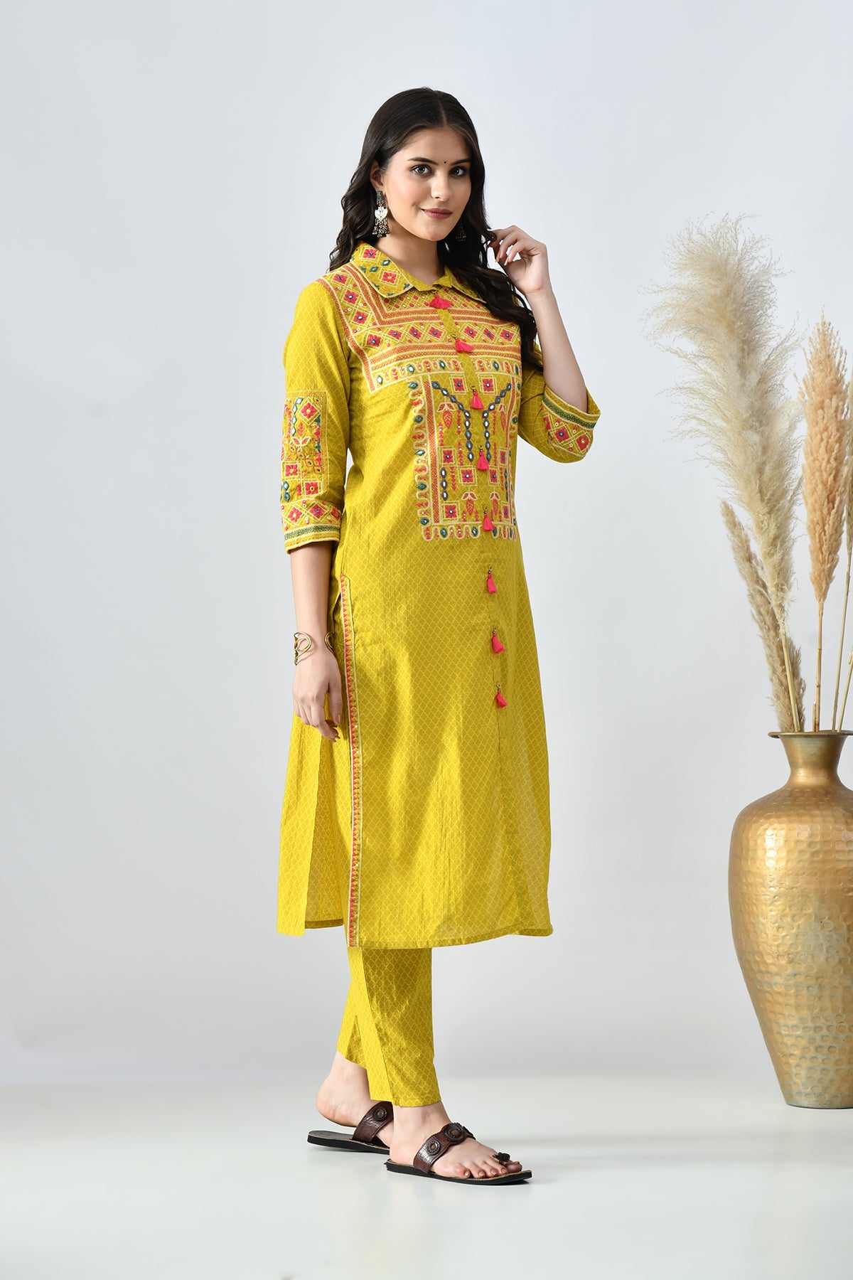 Mustard Embroidered Kurta 2 Pcs Set