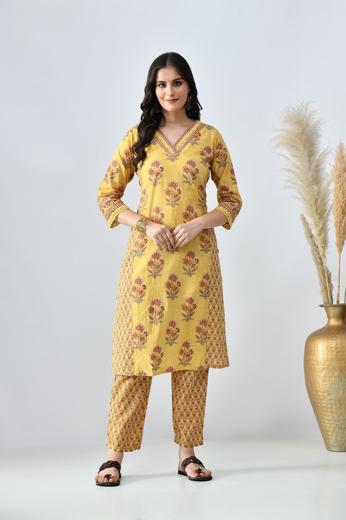 Mustard Printed Kurta 2 Pcs Set