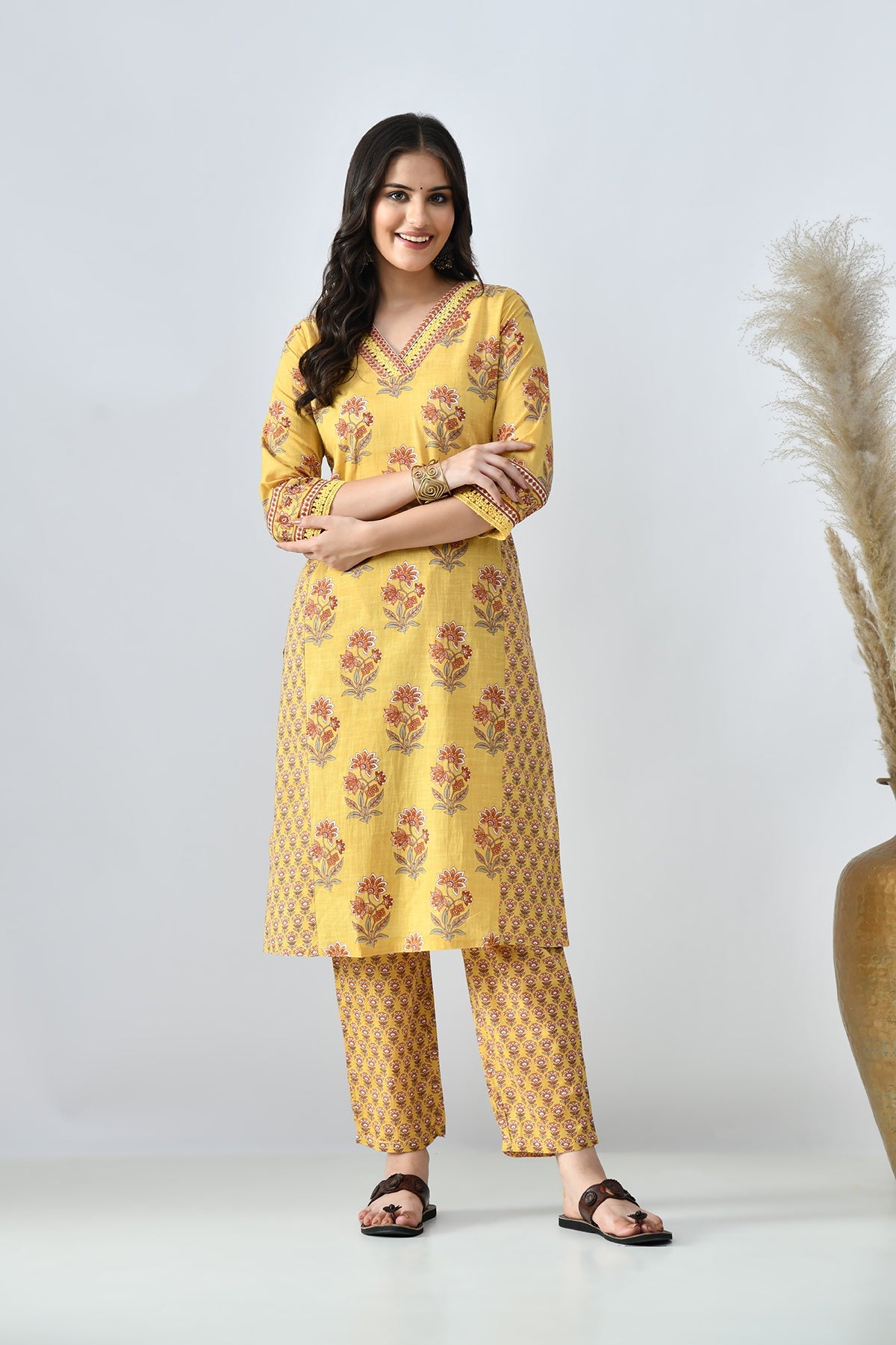 Mustard Printed Kurta 2 Pcs Set