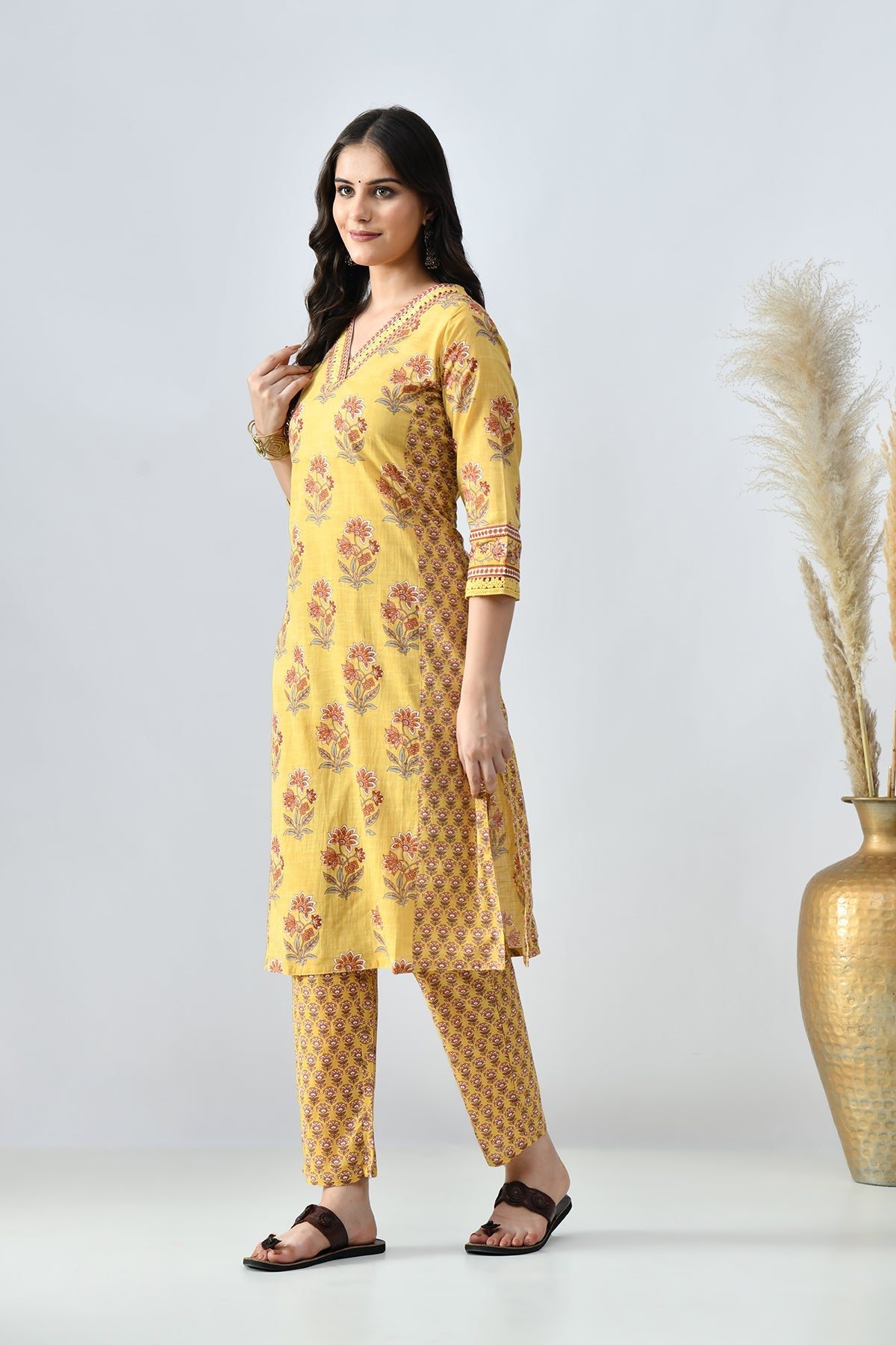 Mustard Printed Kurta 2 Pcs Set