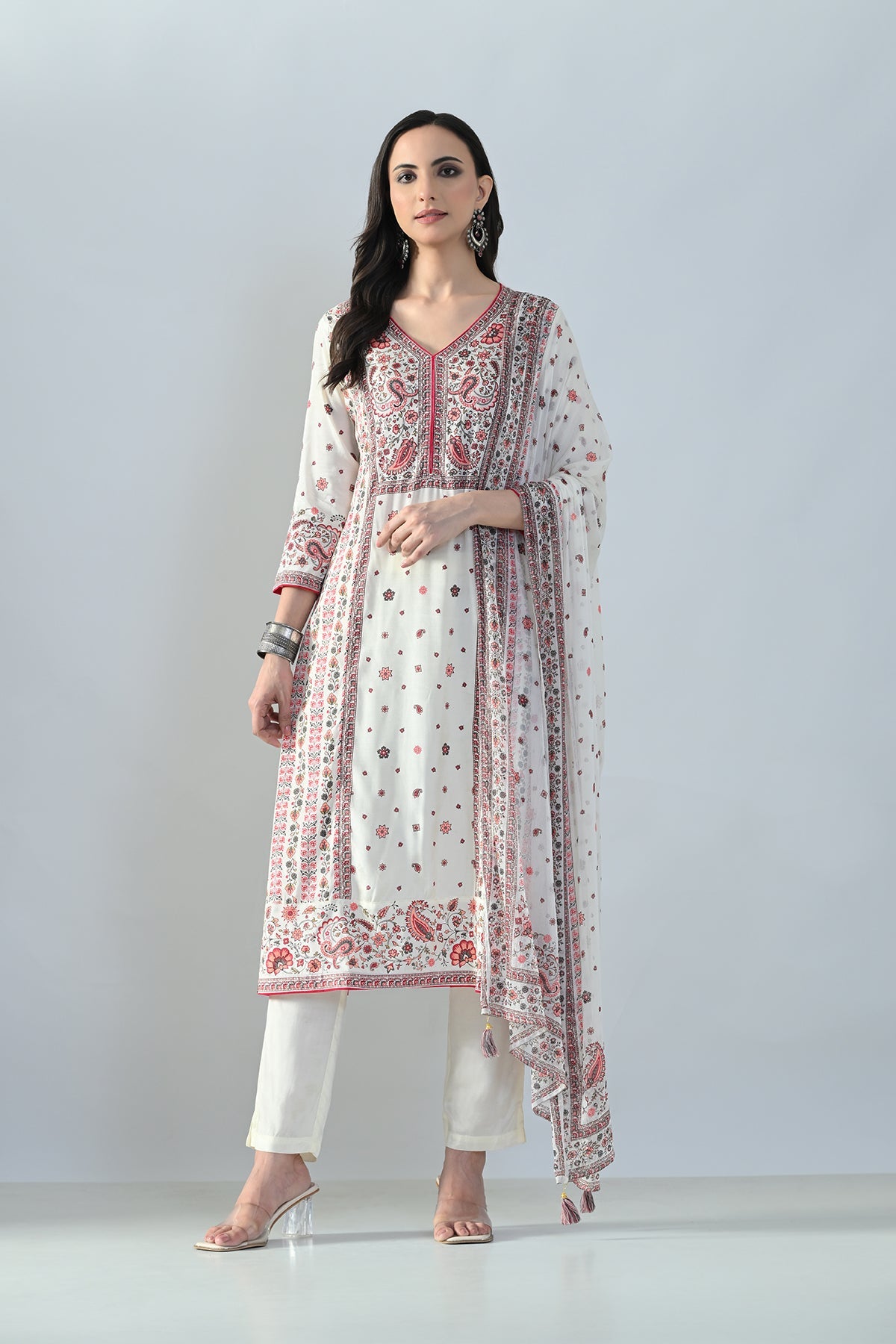 Cream Printed Kurta 3 Pcs Set