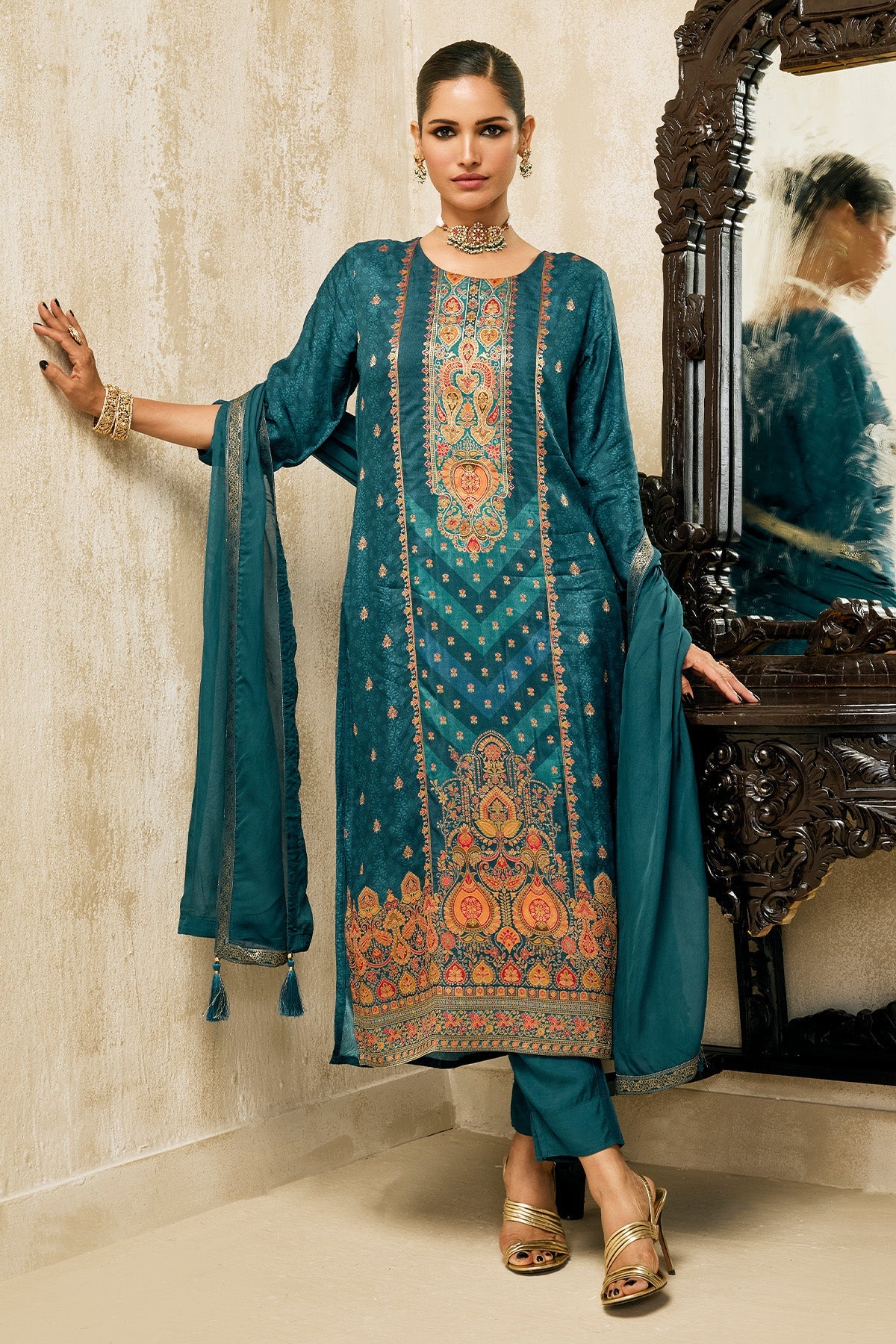 Blue Embellished Kurta 3 Pcs Set