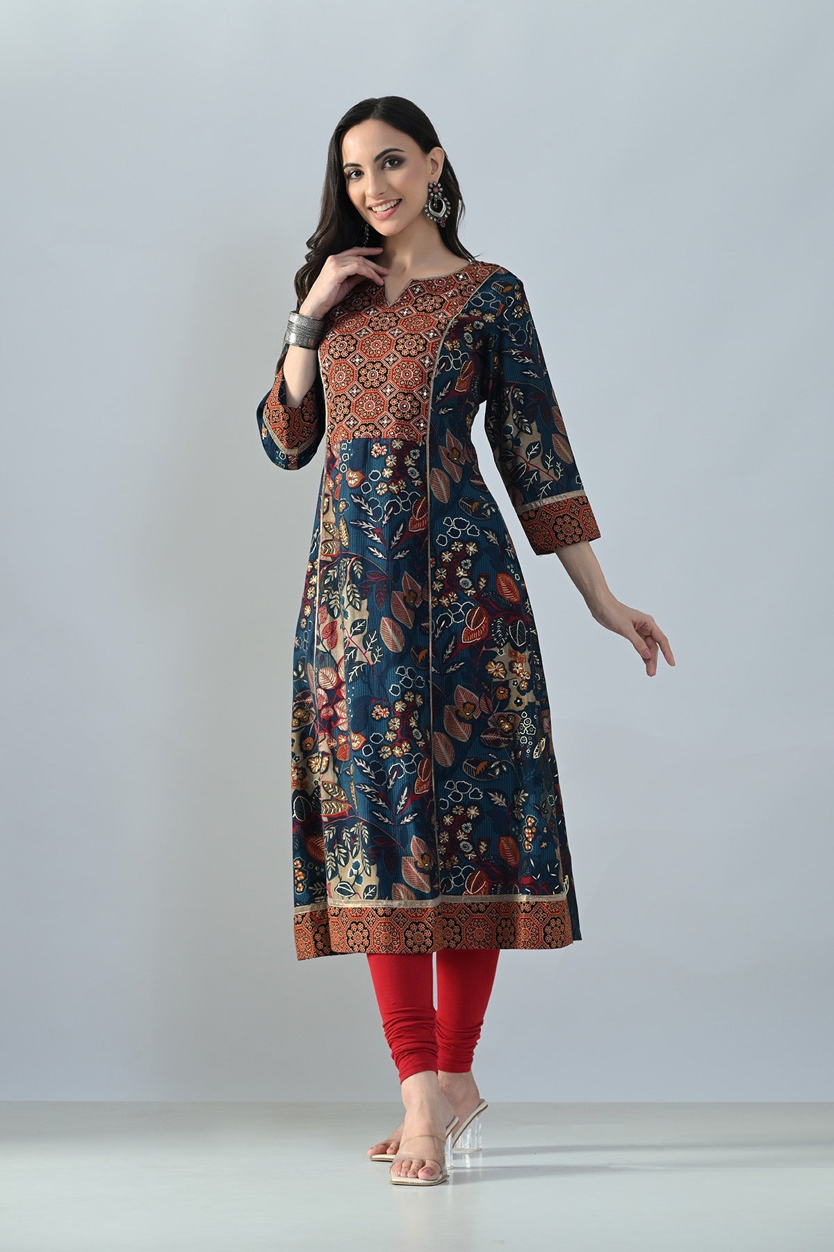 Teal Printed A-line Kurta
