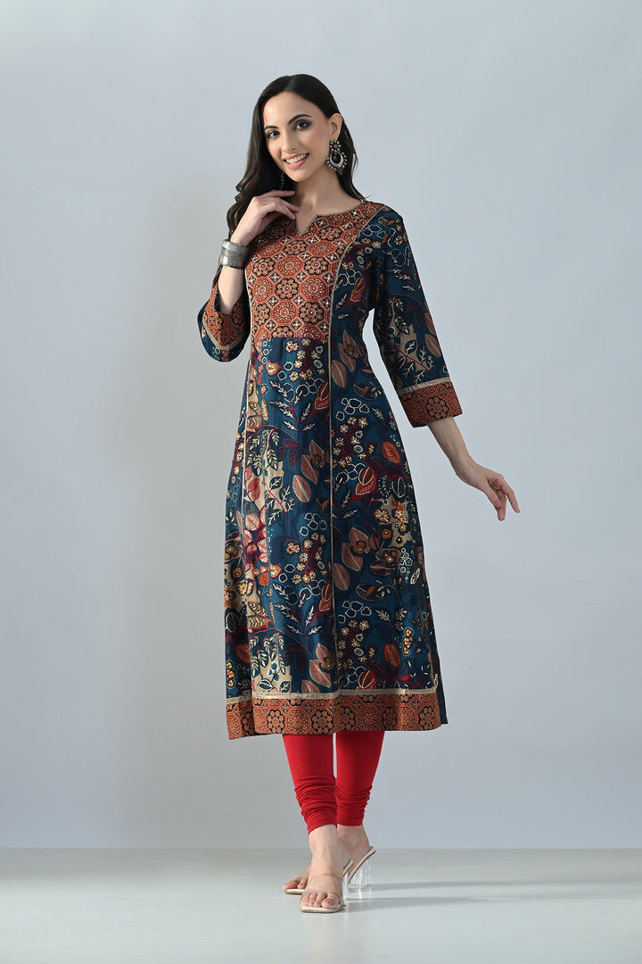 Teal Printed A-line Kurta