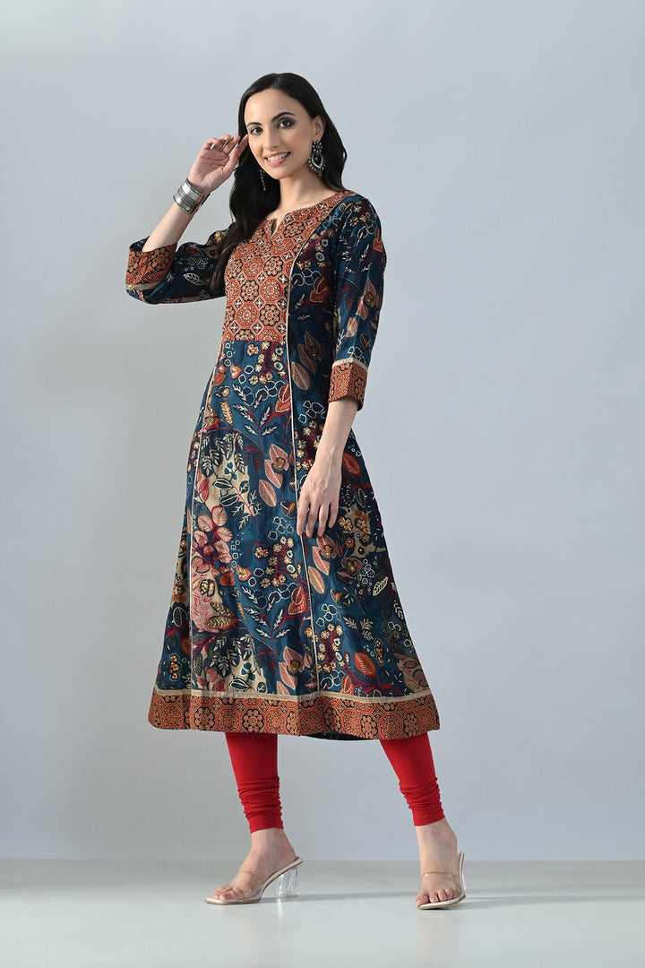 Teal Printed A-line Kurta