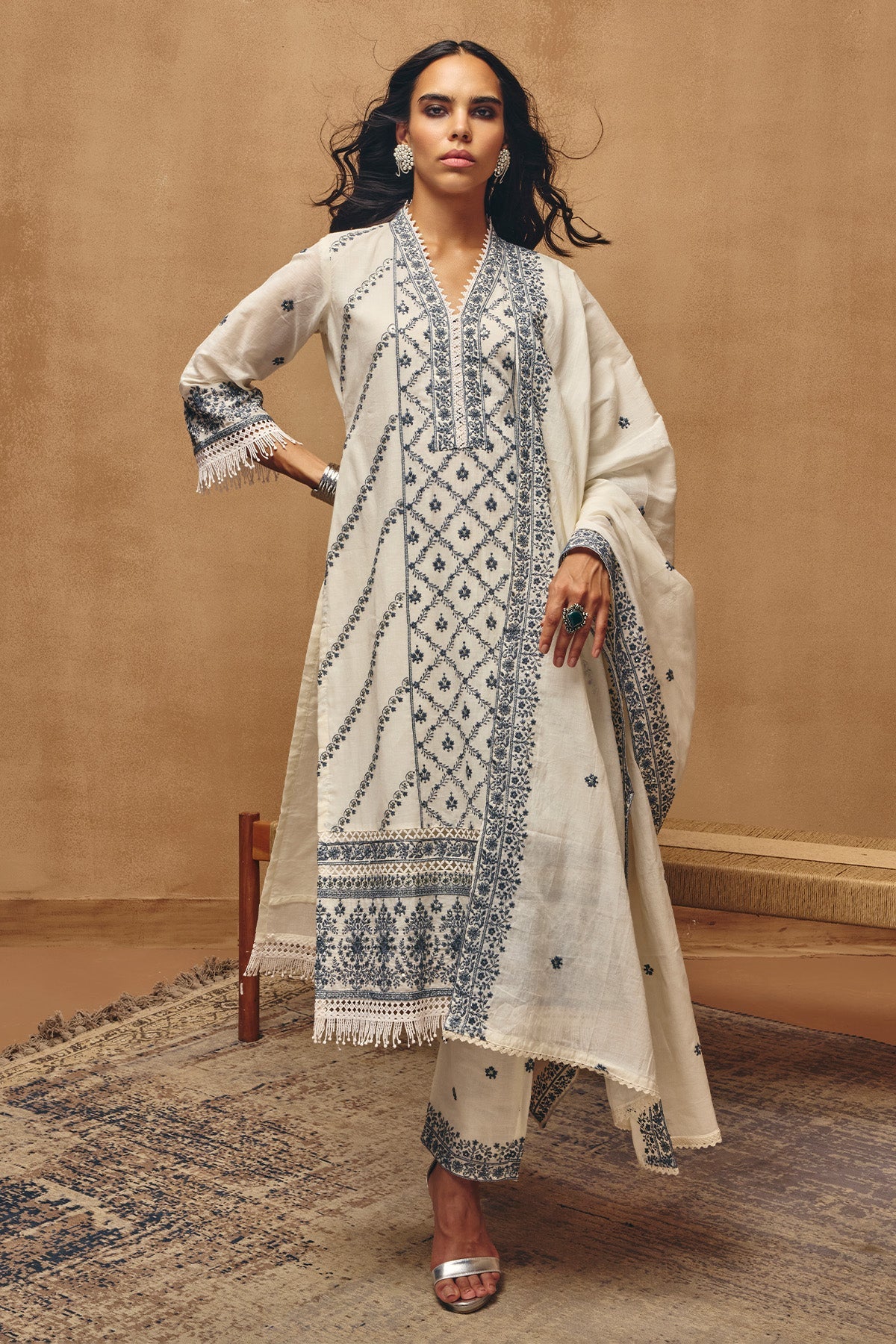 Cream Embroidered Kurta Set