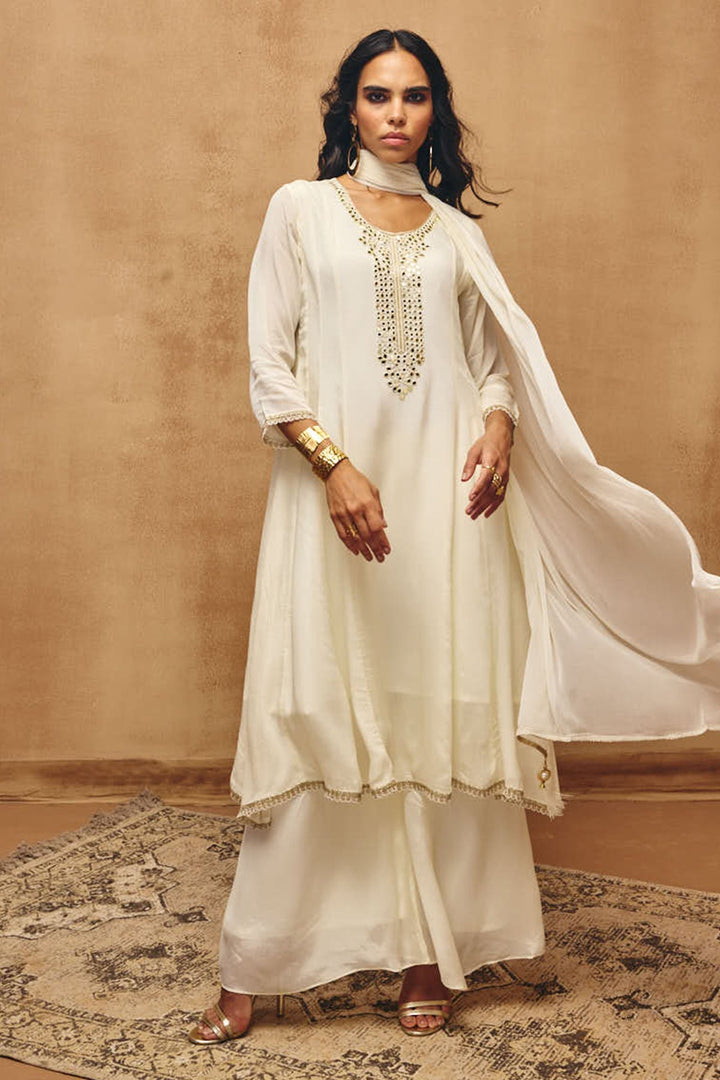 Cream Solid Kurta Set