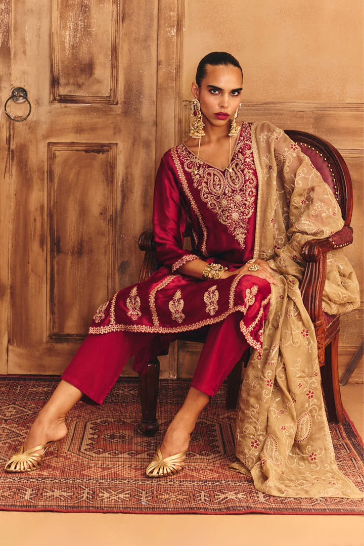 Maroon Embroidered Kurta Set