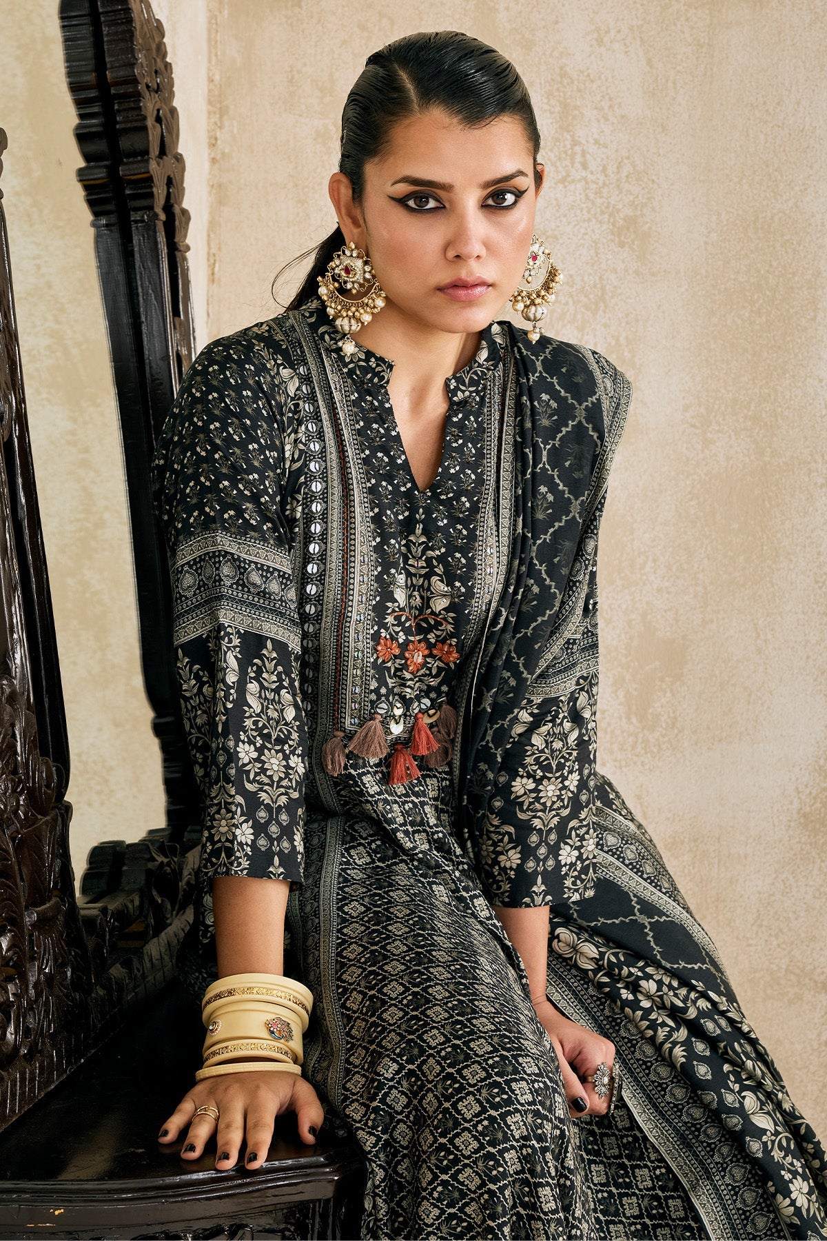 Black Printed Kurta 3 Pcs Set