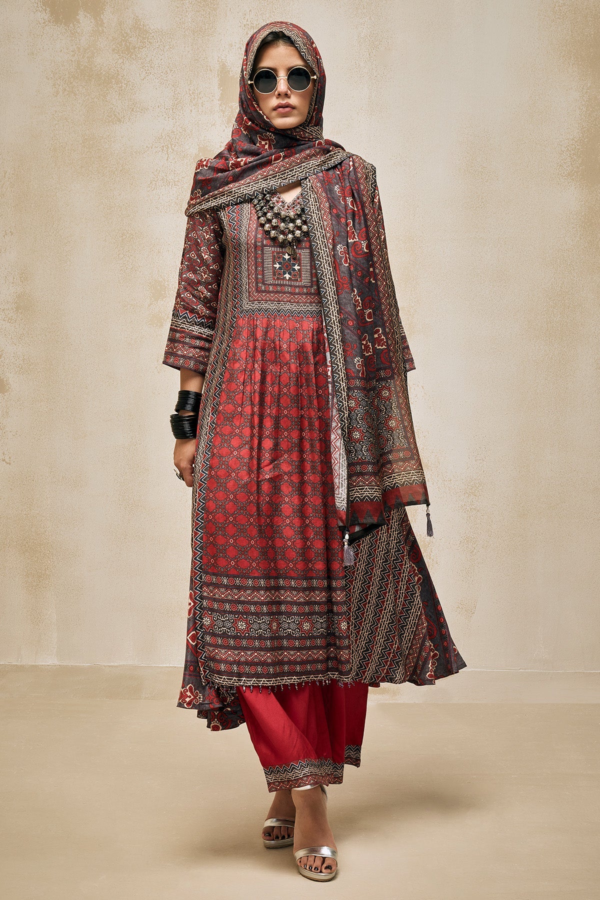 Maroon Printed Kurta 3 Pcs Set