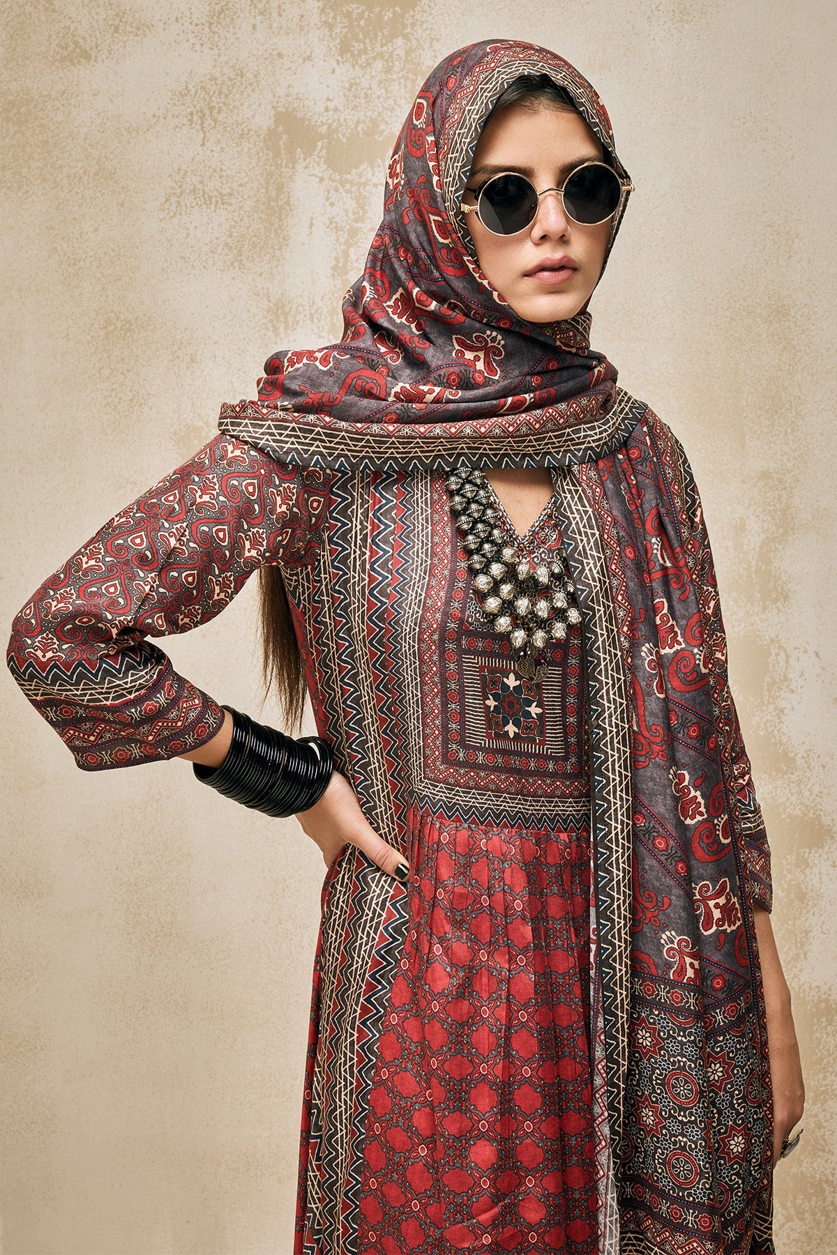 Maroon Printed Kurta 3 Pcs Set