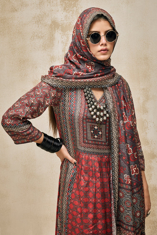 Maroon Printed Kurta 3 Pcs Set