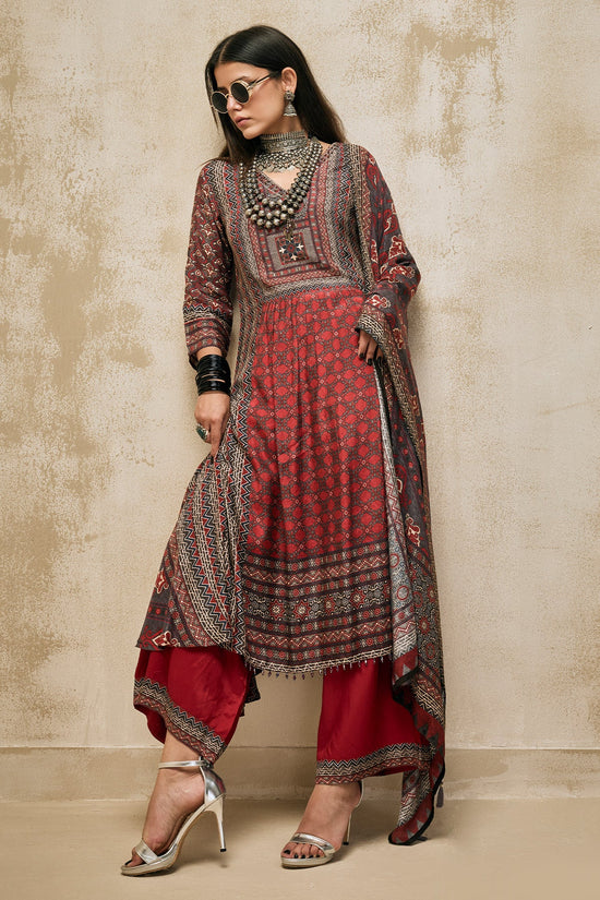Maroon Printed Kurta 3 Pcs Set