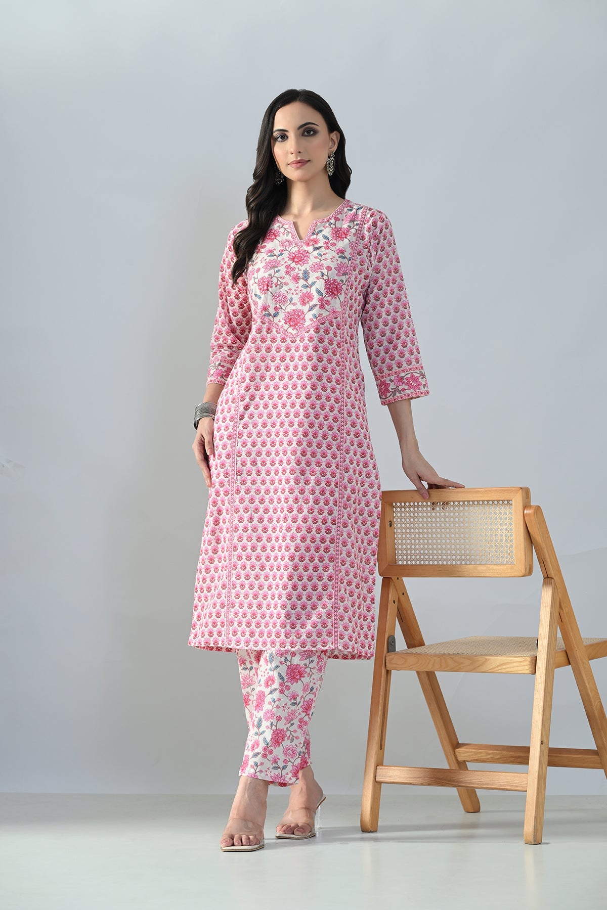 Cream Printed Straight Kurta Set