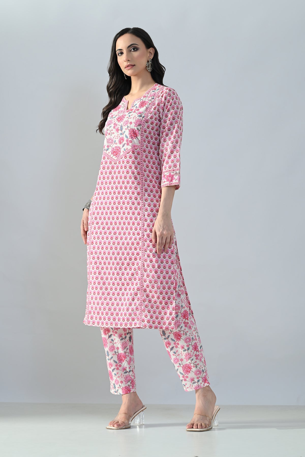 Cream Printed Straight Kurta Set