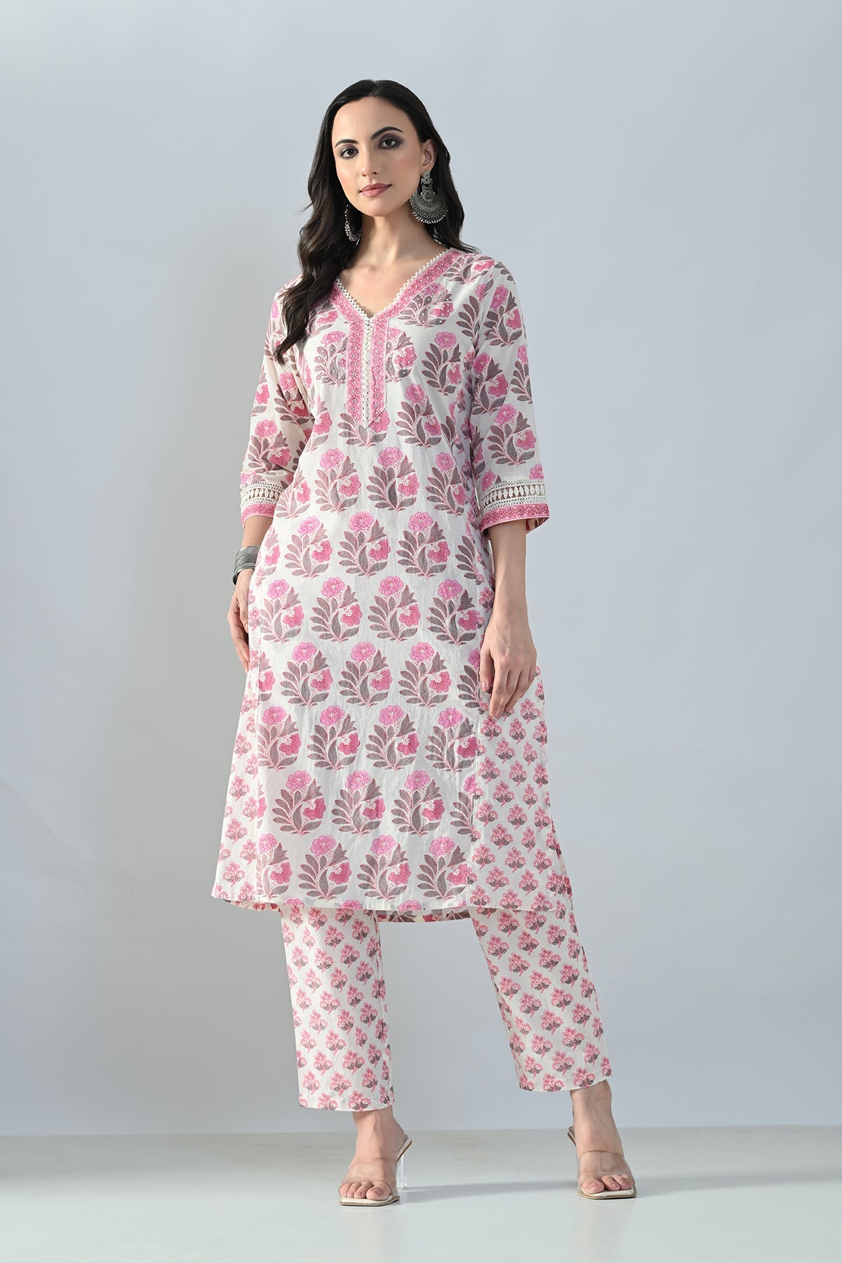 Cream Printed Kurta 3 Pcs Set