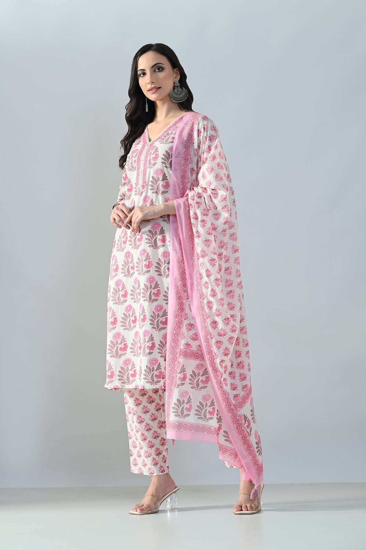Cream Printed Kurta 3 Pcs Set