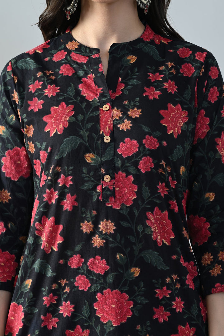 Black Floral Printed Kurta