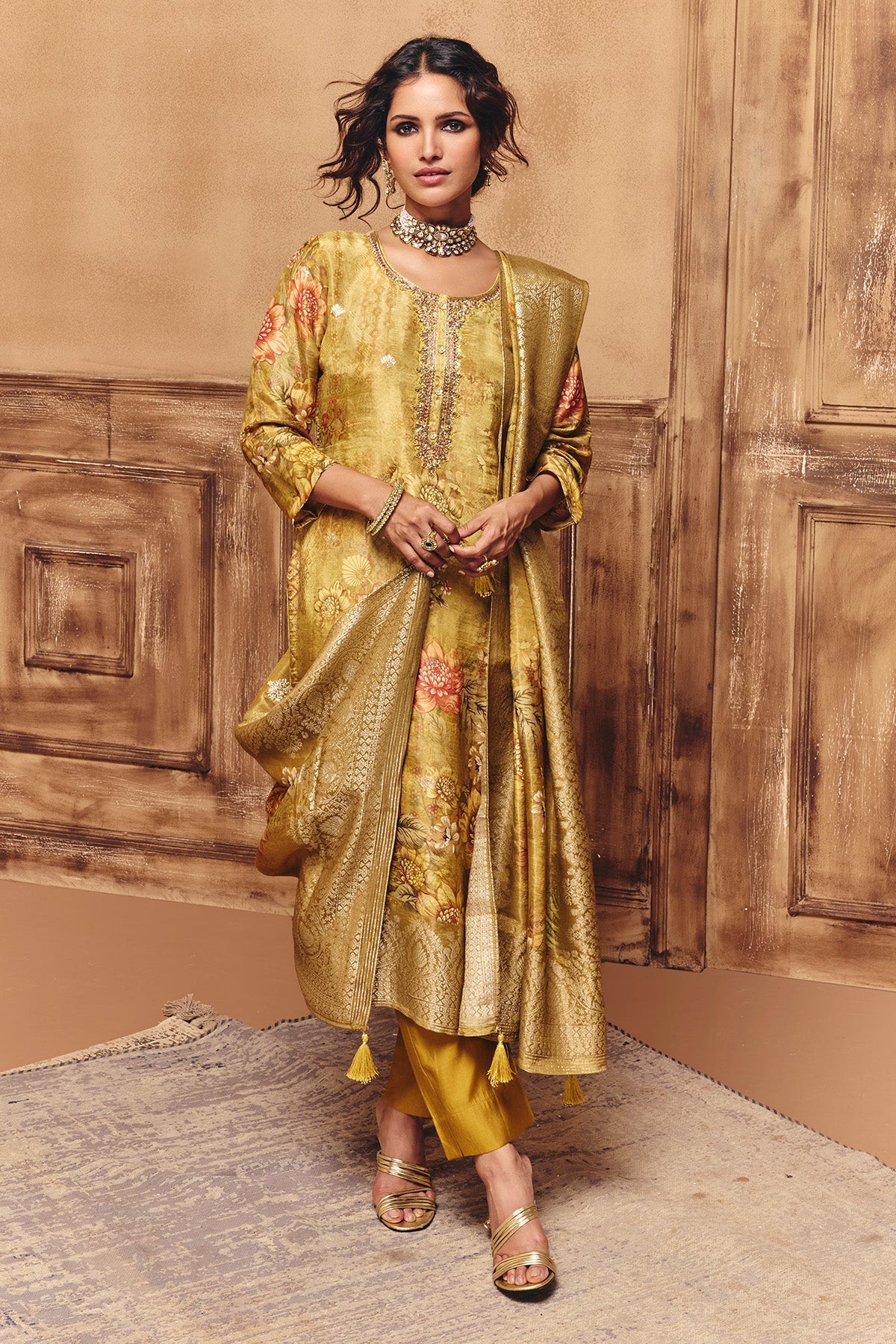 Mustard Embellished Kurta 3 Pcs Set