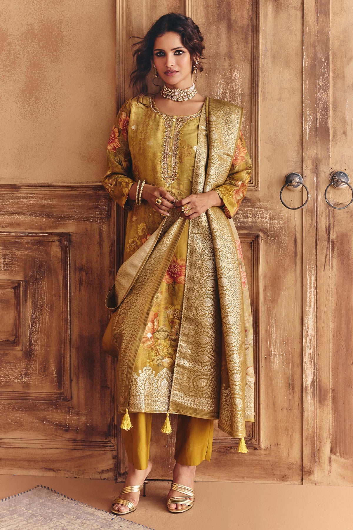 Mustard Embellished Kurta 3 Pcs Set
