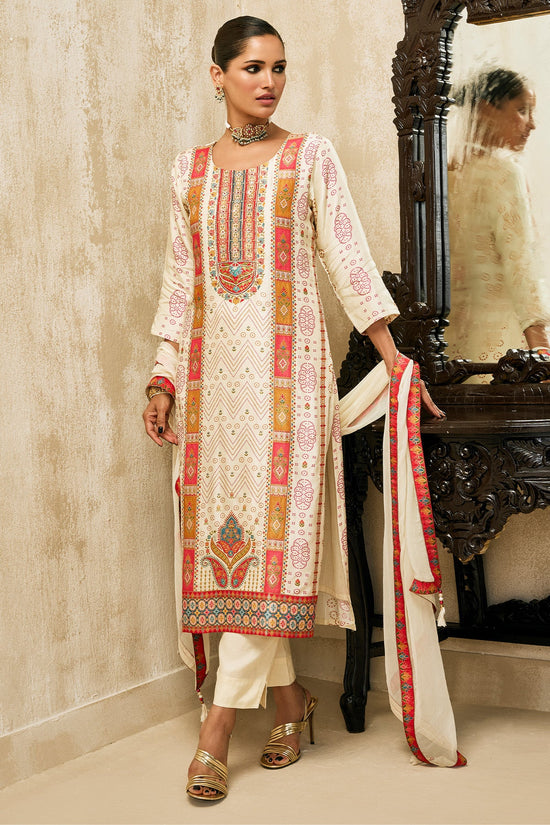 Cream Printed Kurta 3 Pcs Set
