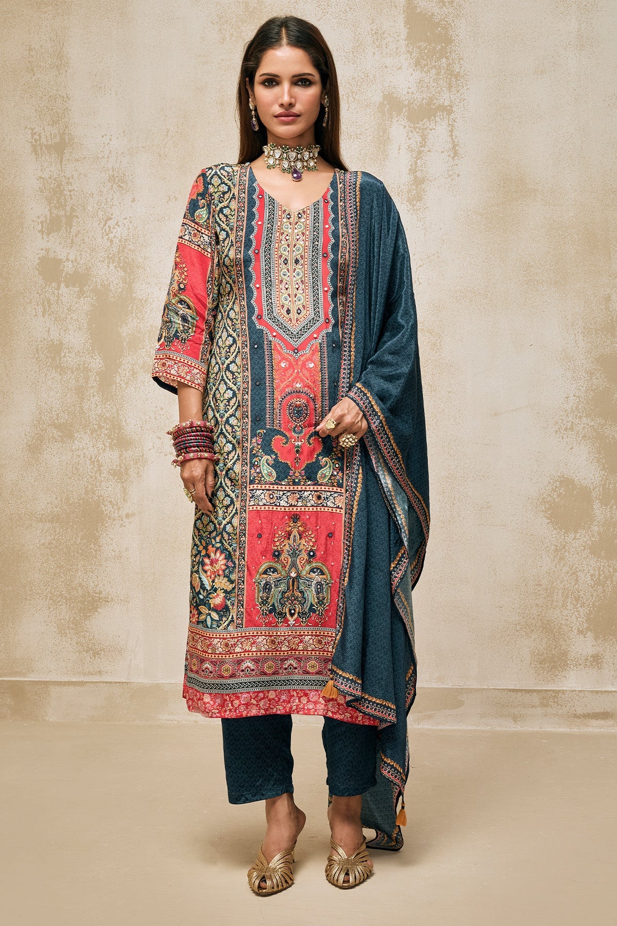 Blue Embellished Kurta 3 Pcs Set