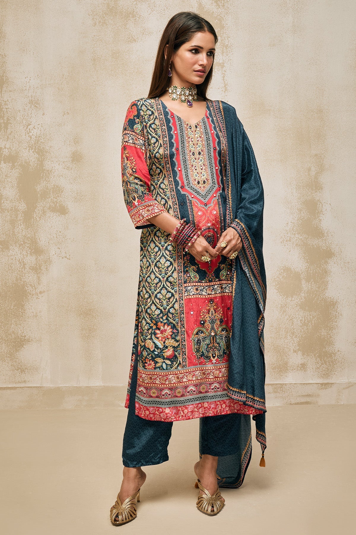 Blue Embellished Kurta 3 Pcs Set