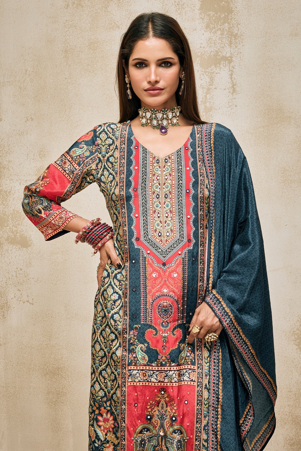 Blue Embellished Kurta 3 Pcs Set